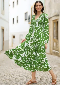 Yumi Green Abstract Print Ruched Midi Dress With Long Sleeves