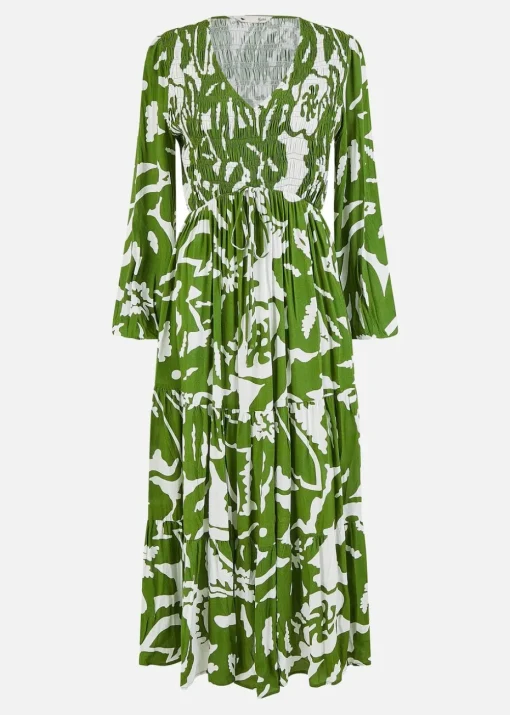 Yumi Green Abstract Print Ruched Midi Dress With Long Sleeves