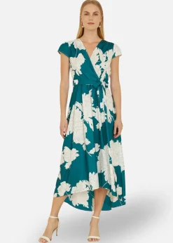 Yumi Green Blossom Print Wrap Midi With Dipped Hem