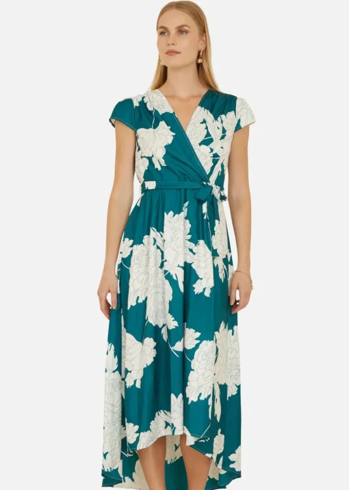 Yumi Green Blossom Print Wrap Midi With Dipped Hem