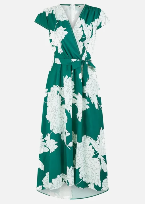 Yumi Green Blossom Print Wrap Midi With Dipped Hem