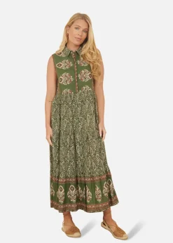 Yumi Green Cotton Paisley Midi Sleeveless Shirt Dress