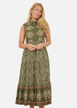 Yumi Green Cotton Paisley Midi Sleeveless Shirt Dress