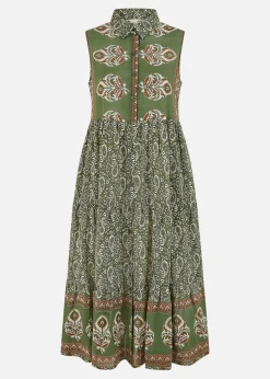 Yumi Green Cotton Paisley Midi Sleeveless Shirt Dress