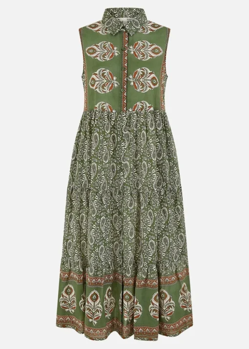 Yumi Green Cotton Paisley Midi Sleeveless Shirt Dress