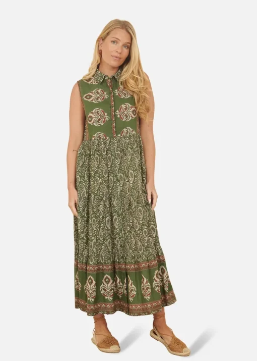 Yumi Green Cotton Paisley Midi Sleeveless Shirt Dress