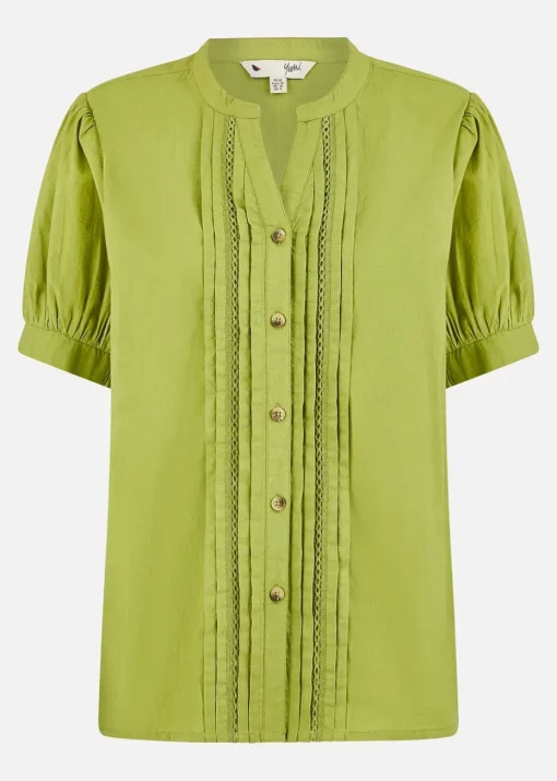 Yumi Green Cotton Pleated Short Sleeve Shirt