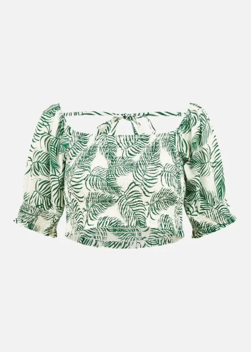 Yumi Green Cotton Voile Palm Leaf Ruched Crop Top