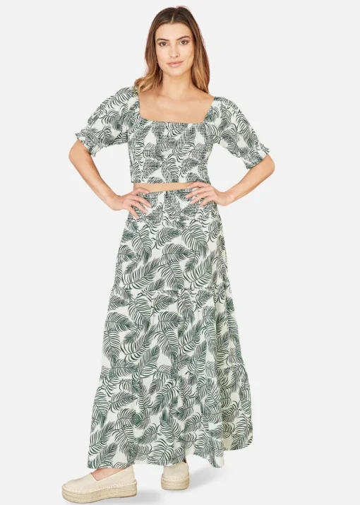 Yumi Green Cotton Voile Palm Leaf Ruched Crop Top