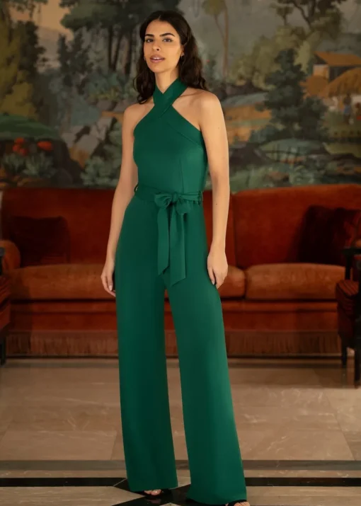 Yumi Green Cross Over Halter Neck Jumpsuit