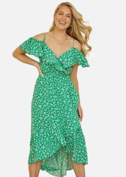 Yumi Green Ditsy Print Bardot Midi Dress With Dip Hem