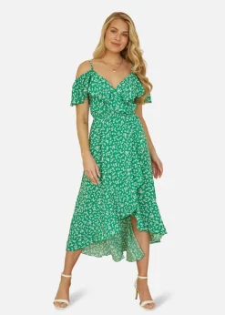 Yumi Green Ditsy Print Bardot Midi Dress With Dip Hem