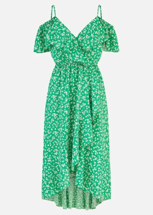 Yumi Green Ditsy Print Bardot Midi Dress With Dip Hem