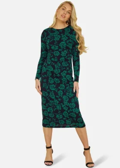Yumi Green Floral Fitted Mesh Midi Dress With Long Sleeves