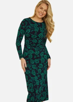 Yumi Green Floral Fitted Mesh Midi Dress With Long Sleeves