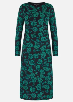 Yumi Green Floral Fitted Mesh Midi Dress With Long Sleeves