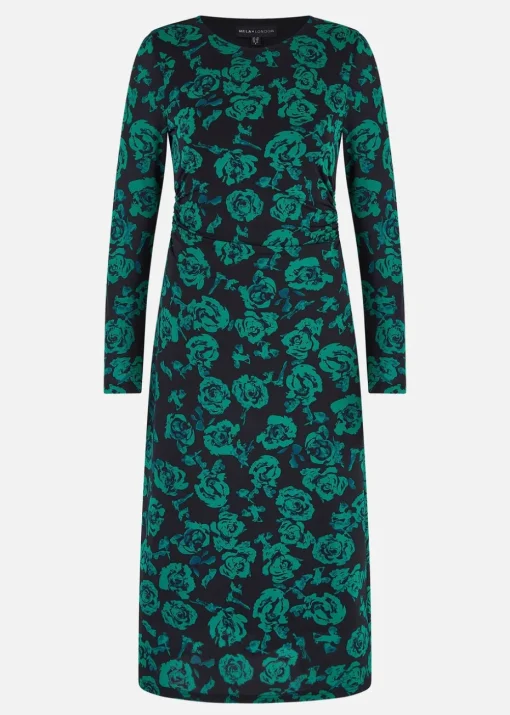 Yumi Green Floral Fitted Mesh Midi Dress With Long Sleeves