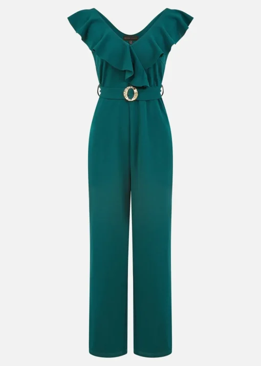 Yumi Green Jumpsuit With Gold Buckle & Frill Detail