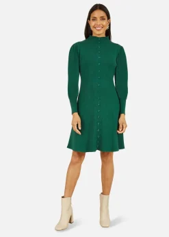 Yumi Green Knitted Button Up Midi Dress With Balloon Sleeves