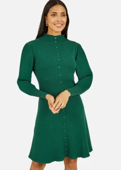 Yumi Green Knitted Button Up Midi Dress With Balloon Sleeves