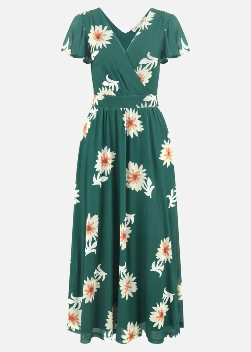 Yumi Green Mesh Flower Wrap Midi Dress With Pockets