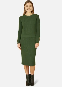 Yumi Green Rib Knitted Midi Column Skirt