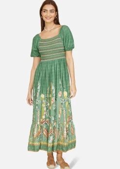 Yumi Green Ruched Leaf Print Maxi Dress With Puff Sleeves