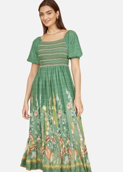 Yumi Green Ruched Leaf Print Maxi Dress With Puff Sleeves