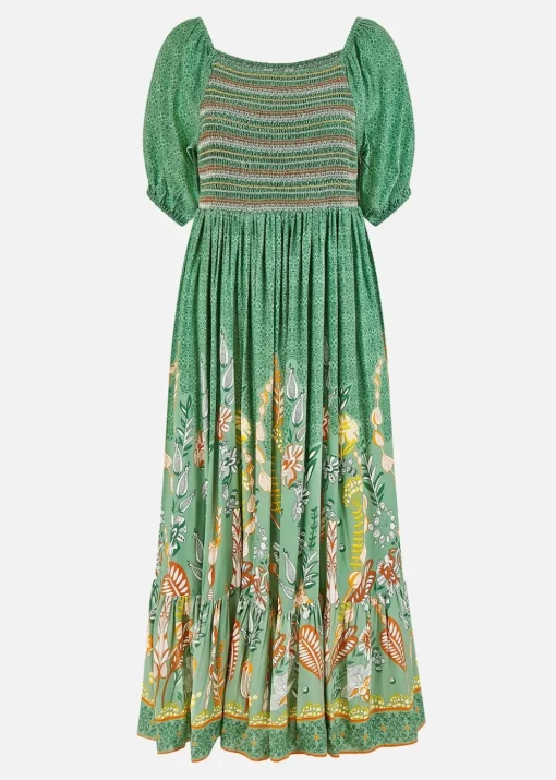 Yumi Green Ruched Leaf Print Maxi Dress With Puff Sleeves