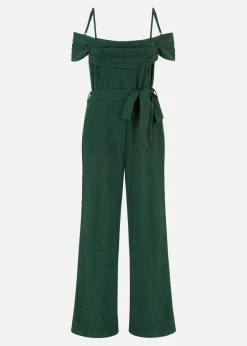 Yumi Green Sparkle Stretch Bardot Jumpsuit