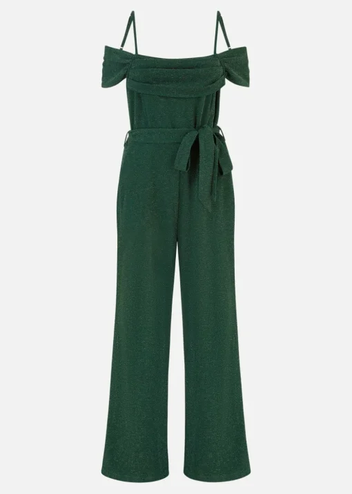 Yumi Green Sparkle Stretch Bardot Jumpsuit