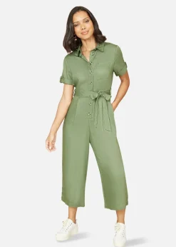 Yumi Green Twill Viscose Utility Jumpsuit