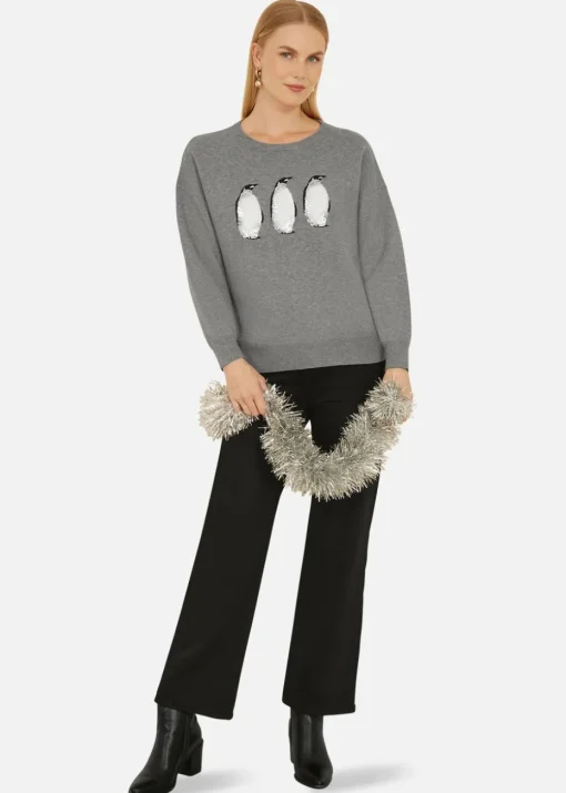 Yumi Grey Christmas Festive Penguin Knitted Jumper