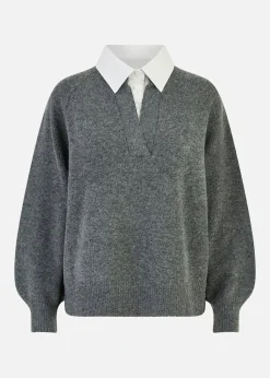 Yumi Grey Knitted Jumper With Collar Detail