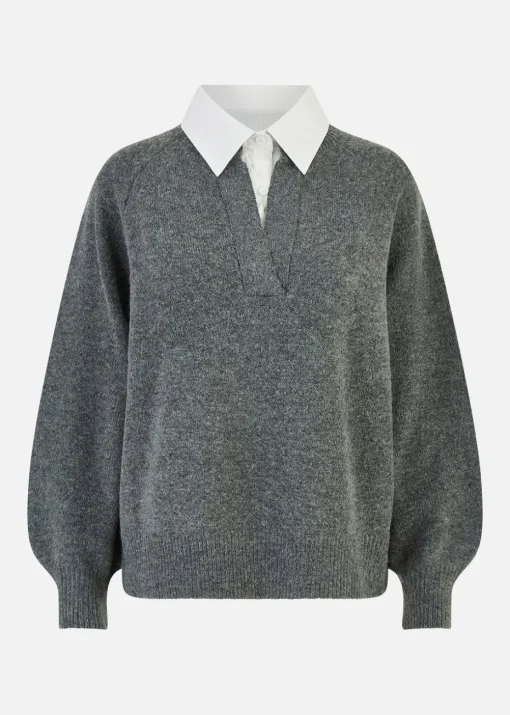 Yumi Grey Knitted Jumper With Collar Detail