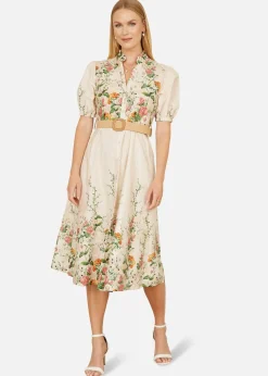 Yumi Ivory Cotton Printed Midi Floral Placement Shirt Dress