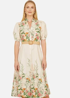 Yumi Ivory Cotton Printed Midi Floral Placement Shirt Dress