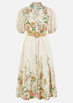 Yumi Ivory Cotton Printed Midi Floral Placement Shirt Dress