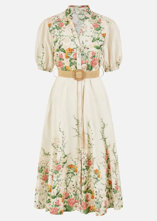 Yumi Ivory Cotton Printed Midi Floral Placement Shirt Dress