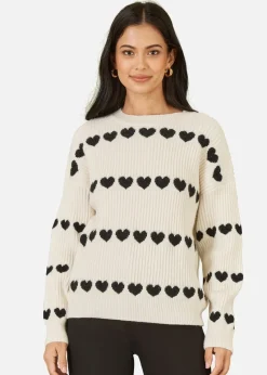 Yumi Ivory Knitted Jumper With Heart Stripes