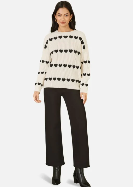 Yumi Ivory Knitted Jumper With Heart Stripes