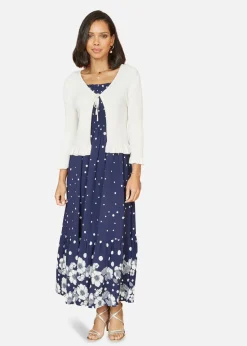 Yumi Ivory Tie Up Ribbed Cardigan With Frill Hem