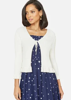 Yumi Ivory Tie Up Ribbed Cardigan With Frill Hem