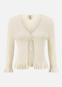 Yumi Ivory Tie Up Ribbed Cardigan With Frill Hem