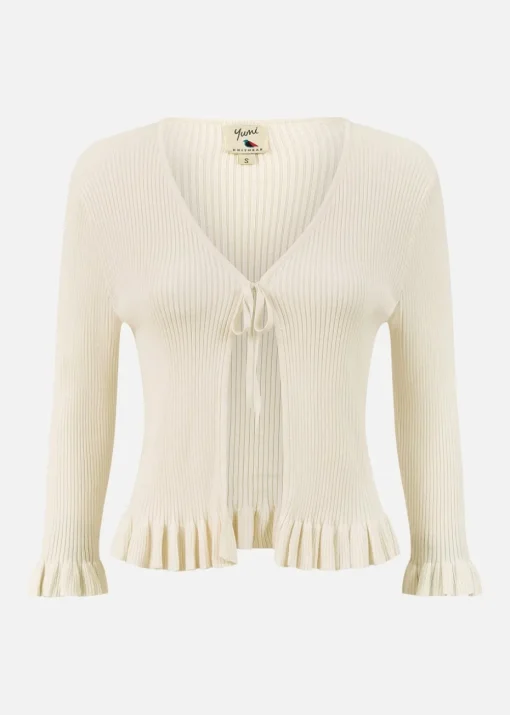 Yumi Ivory Tie Up Ribbed Cardigan With Frill Hem
