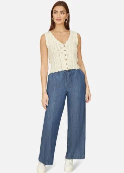 Yumi Ivory V Neck Button Down Crochet Knitted Top