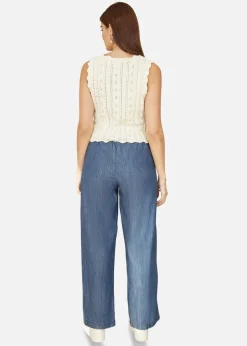 Yumi Ivory V Neck Button Down Crochet Knitted Top