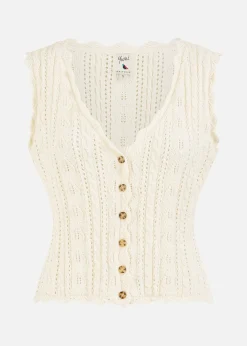 Yumi Ivory V Neck Button Down Crochet Knitted Top