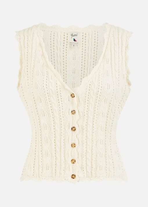 Yumi Ivory V Neck Button Down Crochet Knitted Top