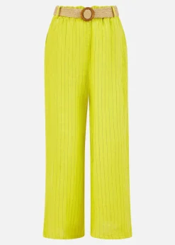 Yumi Lime Striped Italian Linen Wide Leg Trousers With Belt